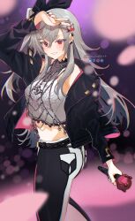  1girl absurdres belt black_belt black_jacket crown_hair_ornament grey_hair hair_ornament hairclip highres holding holding_microphone hololive hololive_dev_is isaki_riona jacket jewelry knowname long_hair microphone multicolored_nails pants red_eyes smile twitter_username v virtual_youtuber 