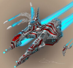  brown_background commentary concept_art energy english_commentary eve_online flying frigate_(eve_online) glowing military_vehicle missile missile_trail mordu's_legion_command_(eve_online) no_humans novafox original pirate_faction_(eve_online) science_fiction smoke smoke_trail spacecraft vehicle_focus 