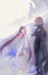  1boy 1girl absurdres arm_at_side bare_shoulders black_boots black_cape black_gloves black_hair black_pants black_shirt blonde_hair blunt_sidelocks blunt_tresses boots cape closed_eyes collared_cape colored_inner_hair columbina_(genshin_impact) dainsleif_(genshin_impact) dress eye_mask facing_another full_body genshin_impact gloves gradient_hair hair_ornament hair_ribbon highres kaimochi0839 long_hair long_sleeves mask multicolored_hair mystical_high_collar no_shoes off_shoulder open_mouth pants pink_hair reflection reflective_water ribbon ripples shirt short_hair sidelocks smile standing streaked_hair toes tress_ribbon water white_dress white_mask white_ribbon wide_sleeves wing_hair_ornament 