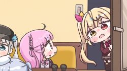  1boy 3girls black_hat black_thighhighs blonde_hair blue_hair bow braid brown_eyes brown_jacket brown_skirt chibi commentary_request couch crossover garter_straps grey_hair hair_ornament hair_ribbon hat heterochromia hololive hoshikawa_sara indoors inuyama_tamaki jacket kagura_gumi kagura_mea microphone minato_aqua mochimiko multicolored_hair multiple_crossover multiple_girls newsboy_cap nijisanji noripro on_couch open_clothes open_door open_jacket pink_hair plaid_clothes plaid_skirt red_bow red_eyes ribbon shirt side_ponytail skirt streaked_hair table thigh-highs violet_eyes virtual_youtuber white_shirt x_hair_ornament 