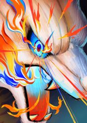  blue_eyes blue_fire blue_sclera body_fur breath_weapon breathing_fire close-up colored_sclera ezgk385 fangs fire flaming_eye highres looking_at_viewer no_humans open_mouth pokemon pokemon_(creature) pokemon_focus portrait reshiram solo white_fur 