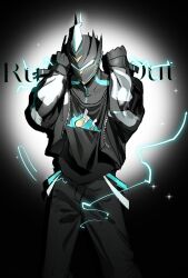  1boy black_bodysuit black_gloves black_helmet black_jacket black_pants black_shirt bodysuit cowboy_shot cropped_jacket e-soul_(to_be_hero_x) facing_viewer fake_horns gloves helmet highres horned_helmet horns jacket jingfngyny80992 male_focus mask pants print_shirt shirt solo sparkle spotlight to_be_hero to_be_hero_x 