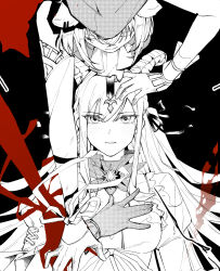  2girls animal_ear_piercing animal_ears arknights bang_dream! bang_dream!_it&#039;s_mygo!!!!! closed_mouth commentary dog_ears dog_girl dress gloves hand_on_own_chest haoxiangkan_nutong highres horns long_hair misumi_uika misumi_uika_(caged_singer) multiple_girls sidelocks togawa_sakiko togawa_sakiko_(master_of_melodia) yuri 