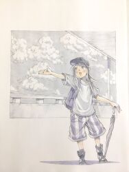  1girl arm_up backpack bag baseball_cap black_bag black_boots black_eyes black_hair black_shorts black_umbrella blonde_hair boots child closed_umbrella clouds commentary full_body hat highres holding holding_umbrella open_mouth original outdoors outstretched_arm peter_salt ponytail shirt shorts sidelocks solo standing striped_clothes striped_shorts traditional_media umbrella vertical-striped_clothes vertical-striped_shorts white_shirt 