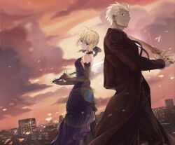  1boy 1girl ahoge antatica11 archer_(fate) artoria_pendragon_(fate) black_choker black_coat blonde_hair blue_dress braid building chinese_commentary choker city clouds coat commentary_request dark-skinned_male dark_skin dress elbow_gloves excalibur_(fate/stay_night) fate/stay_night fate_(series) gloves green_eyes grey_eyes hair_ribbon highres holding kanshou_&amp;_bakuya_(fate) lens_flare long_coat long_dress orange_sky ribbon saber_(fate) sky white_hair 