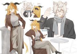  &gt;_&lt; 1boy 1girl ahoge amo20839453 animal_ears arknights arm_up belt belt_buckle black-framed_eyewear black_belt black_horns black_jacket blonde_hair brown_coat buckle cellphone chair cheek_pinching chibi chinese_commentary chinese_text closed_eyes closed_mouth coat commentary_request curled_horns dating degenbrecher_(arknights) facing_viewer flying_sweatdrops glasses grey_hair grey_pants grey_scarf grey_sweater grey_tail hair_between_eyes hand_on_own_hip highres holding holding_phone horns jacket lapels leaning long_hair long_sleeves looking_at_viewer looking_to_the_side multiple_views on_chair open_clothes open_coat pants phone pinching round_table scarf semi-rimless_eyewear short_hair silverash_(arknights) sitting smartphone sweatdrop sweater table tail_raised translation_request turning_head turtleneck turtleneck_sweater under-rim_eyewear very_long_hair waving yellow_eyes 