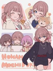  +_+ 3girls :d :t ^_^ apple_pie arm_at_side asymmetrical_sidelocks belt black_jacket black_shirt black_skirt blue_eyes blue_scrunchie blue_shirt blunt_bangs blush bob_cut brown_eyes brown_hair cardigan character_name closed_eyes closed_mouth collarbone cropped_legs drawing_(object) eating food furueru grey_shirt hair_ornament hair_scrunchie hand_up hands_up highres holding holding_drawing jacket jacket_on_shoulders jewelry long_sleeves looking_at_object looking_at_viewer medium_hair miniskirt miyamasuzaka_girls&#039;_academy_school_uniform mochizuki_honami multiple_belts multiple_girls multiple_views neckerchief necklace official_alternate_costume official_alternate_hair_length official_alternate_hairstyle one_eye_closed ootori_emu open_clothes open_jacket open_mouth pendant pie pink_eyes pink_hair project_sekai protected_link red_belt red_neckerchief school_uniform scrunchie shiba_inu shinonome_ena shirt shirt_tucked_in short_hair side_ponytail sidelocks skirt sleeves_past_wrists smile sweatdrop twitter_username yellow_cardigan zozotown 