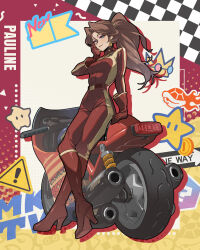  1girl ? biker_clothes bikesuit blue_eyes bodysuit boots bow breasts brown_hair character_name coin crossed_ankles curtained_hair daniel_deng drop_shadow earrings eyelashes full_body gloves gold_coin gold_earrings hair_tie halftone hand_on_own_cheek hand_on_own_face happy high_heel_boots high_heels highres jewelry knee_boots leaning long_hair long_sleeves looking_ahead luma_(mario) mario_kart mario_kart_world medium_breasts motor_vehicle motorcycle official_alternate_costume parted_lips pauline_(aero)_(mario) pauline_(mario) pointy_nose ponytail red_bodysuit red_boots red_bow red_gloves smile solo sphere_earrings standing star_(symbol) super_mario_bros. tight_clothes turtleneck turtleneck_bodysuit two-tone_background yellow_background 