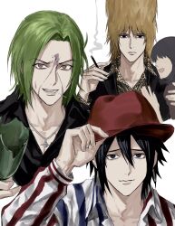  1girl 3boys black_eyes black_hair broken_bottle character_request cigarette earrings everyday_host faceless faceless_female green_hair highres holding holding_cigarette jewelry long_sleeves looking_at_viewer male_focus mouth_hold multiple_boys okonomi_tarou sauce_nishioka sso_s teeth teeth_hold 