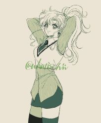  1girl arms_up bishoujo_senshi_sailor_moon black_skirt collared_shirt cropped_vest earrings flower_earrings fukujaku hair_bobbles hair_ornament highres jewelry kino_makoto long_hair long_sleeves monochrome necktie ponytail shirt skirt smile solo sweater thigh-highs vest 