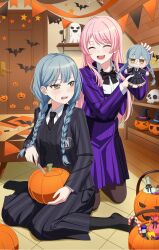  2girls absurdres bang_dream! bang_dream!_it's_mygo!!!!! black_bow black_bowtie black_jacket black_necktie black_pantyhose black_skirt black_socks black_sweater blue_hair bow bowtie braid candy chihaya_anon commentary commission cosplay english_commentary enid_sinclair enid_sinclair_(cosplay) fang food fries_vanquisher halloween highres indoors jack-o'-lantern jacket long_hair multiple_girls necktie no_shoes open_mouth pantyhose pink_hair pixiv_commission purple_jacket purple_skirt sitting skirt socks sweatdrop sweater teeth the_addams_family togawa_sakiko twin_braids upper_teeth_only wariza wednesday_(netflix) wednesday_addams wednesday_addams_(cosplay) yellow_eyes 
