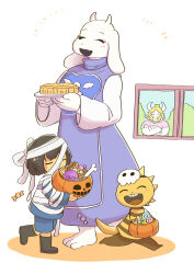  1boy 1girl 2024 2d 2others ^o^ ambiguous_gender animal_ears ankle_boots anthro asgore_dreemurr barefoot beard blonde_hair blue_shirt blue_shorts bone boots bow brown_boots brown_hair buck_teeth candy child closed_eyes colored_shadow crossed_arms delta_rune_(symbol) delta_rune_print digital_media double_horizontal_stripe doughnut droopy_ears facial_hair fangs female floppy_ears food frisk_(undertale) furry furry_female furry_male goat goat_boy goat_ears goat_girl goat_horns halloween halloween_bucket halloween_costume holding holding_food horizontal-striped_clothes horns hot_dog human lizard lizard_tail lollipop long_sleeves male mammal mask monster monster_boy monster_girl monster_kid_(undertale) multiple_others mummy_costume open_mouth pastry pie pink_shirt pink_stripes pumpkin purple_robe reptile reptile_tail robe scalie shirt short_hair shorts simple_background skull_mask striped_clothes striped_shirt teeth toriel two-tone_shirt undertale unyomoke utdr_(toby_fox) white_background white_bow white_fur white_horns window yellow_skin yellow_stripes 