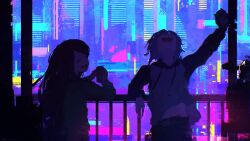  2girls absurdres arm_up can closed_eyes commentary dana_zane english_commentary glitch hair_down highres holding holding_can hood hoodie jill_stingray long_hair long_sleeves midriff multiple_girls open_mouth railing rnna short_hair teeth upper_teeth_only va-11_hall-a 