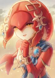  1girl agisato beach blush clouds commentary_request fins fish_girl head_tail highres jewelry looking_at_viewer mipha open_mouth outdoors sand sky smile solo the_legend_of_zelda the_legend_of_zelda:_breath_of_the_wild yellow_eyes zora 
