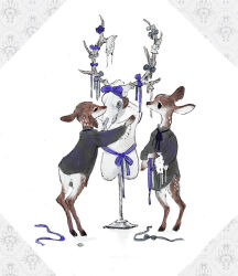  2others animal_skull antler_bow antlers black_eyes black_shirt body_fur bow brown_fur deer deer_boy deer_skull full_body furry grey_bow horns mannequin multiple_others nagabe original purple_bow shirt standing white_background 