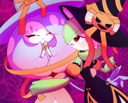  2girls black_dress black_hat black_sclera blue_hair blue_hat blush bob_cut bound bound_wrists bow chromatic_aberration closed_mouth clothed_pokemon colored_sclera colored_skin commentary_request detached_sleeves dress english_commentary eye_contact from_behind gardevoir gardevoir_(halloween) gradient_hair green_hair green_skin half-closed_eyes hands_up happy hat hat_bow hat_ribbon hatterene highres holding holding_ribbon interspecies long_hair looking_at_another mixed-language_commentary multicolored_hair multicolored_skin multiple_girls open_mouth orange_bow orange_ribbon orange_sleeves own_hands_together partial_commentary pink_hair pokemon pokemon_(creature) pokemon_cafe_remix profile puffy_short_sleeves puffy_sleeves purple_background red_eyes ribbon ribbon_bondage short_hair short_sleeves sidelocks sleeveless sleeveless_dress smile standing two-tone_hair two-tone_skin upper_body very_long_hair white_eyes white_skin witch_hat yuri yuri_(fl0werspace) 