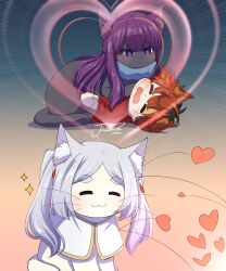  1boy 2girls :3 absurdres animal animal_ears animalization black_fur blunt_bangs capelet cat cat_ears cat_tail closed_eyes closed_mouth clothed_animal commentary_request fern_(sousou_no_frieren) frieren heart highres j_humbo long_hair multiple_girls open_mouth purple_hair red_hair red_shirt shirt short_hair smile sousou_no_frieren stark_(sousou_no_frieren) tail tears twintails violet_eyes white_capelet white_fur 
