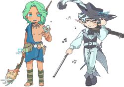  2boys 74000000star :d alternate_costume bard barefoot baxter_ward belt black_hair black_vest blue_eyes bow_(music) brown_eyes cove_holden crossed_ankles fanny_pack frills full_body gourd green_hair hand_on_own_hat hashtag-only_commentary hat_feather highres holding holding_instrument holding_staff holding_violin instrument jewelry lance looking_at_viewer magic male_focus multicolored_hair multiple_boys music musical_note necklace our_life our_life:_beginnings_and_always pectorals playing_instrument pointy_ears polearm scabbard seashell sheath shell shirt short_hair sidelocks smile smirk socks staff standing toga tooth_necklace two-tone_hair vest violin water weapon white_hair white_shirt 
