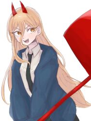  1girl black_necktie blonde_hair blue_jacket chainsaw_man demon_girl demon_horns hair_between_eyes hammer hemokinesis horns jacket long_hair mayo_chocomint necktie power_(chainsaw_man) sharp_teeth simple_background sledgehammer solo teeth white_background yellow_eyes 