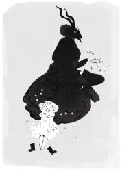  1boy 1girl body_fur boots child coat dress flower furry furry_male grey_background greyscale horns looking_at_another looking_back lying monochrome nagabe on_back sensei_(totsukuni_no_shoujo) shiva_(totsukuni_no_shoujo) shoes simple_background sitting totsukuni_no_shoujo unworn_shoes 