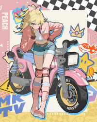  1girl belt belt_buckle blonde_hair blue_eyes blue_shorts boots bow brown_belt brown_gloves buckle character_name closed_mouth crop_top crown daniel_deng denim denim_shorts drop_shadow earrings eyelashes finger_to_cheek fingerless_gloves fire full_body gloves grey_socks hair_between_eyes hair_bow hand_on_own_hip happy highres jacket jewelry knee_pads kneehighs leaning_forward long_hair long_sleeves looking_at_viewer mario_kart mario_kart_world midriff motor_vehicle motorcycle navel official_alternate_costume open_clothes open_jacket pink_background pink_boots pink_bow pink_jacket ponytail princess_peach princess_peach_(touring) puffy_long_sleeves puffy_sleeves shell shirt shorts sign smile socks solo sphere_earrings standing super_mario_bros. two-tone_background warning_sign white_shirt yellow_background 