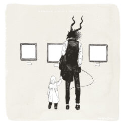  1boy 1girl body_fur child commentary_request dress furry furry_male grey_background holding_hands horns nagabe picture_frame sensei_(totsukuni_no_shoujo) shiva_(totsukuni_no_shoujo) short_hair simple_background tail totsukuni_no_shoujo vest 