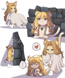  ... :&lt; :3 absurdres animal animal_ear_fluff animal_with_hair animalization blonde_hair blue_eyes brick_wall cat cloak clothed_animal coat commentary heart hiding highres j_humbo long_hair methode_(sousou_no_frieren) no_humans open_clothes open_coat serie_(sousou_no_frieren) signature smile sousou_no_frieren spoken_ellipsis spoken_heart sweat symbol-only_commentary trembling 