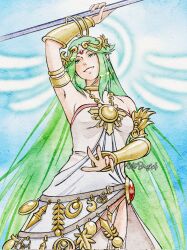 1girl blue_background blue_halo chain circlet gold_chain green_eyes green_hair halo halo_behind_head highres holding holding_staff jewelry kid_icarus kid_icarus_uprising long_hair octobrushido painting_(medium) palutena pendant signature solo staff traditional_media very_long_hair watercolor_(medium) 