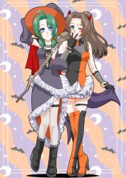  2girls aerith_gainsborough alternate_costume bare_shoulders bat_(animal) bat_ornament black_boots black_dress black_gloves black_sleeves blue_eyes blush boots breasts brown_hair covering_own_mouth crescent_moon demon_costume demon_horns detached_sleeves dress final_fantasy final_fantasy_vi final_fantasy_vii fishnet_gloves fishnet_thighhighs fishnets frilled_dress frills full_body gloves green_eyes green_hair hair_ornament hair_scrunchie halloween_costume hand_over_own_mouth hat high_heel_boots high_heels horns jewelry kirishima_saya locked_arms low_twintails medium_breasts moon multicolored_boots multiple_girls necklace one_eye_closed orange_boots parted_bangs ponytail scrunchie short_dress sidelocks smile terra_branford thigh-highs thigh_boots twintails two-tone_boots two-tone_dress v witch witch_hat 