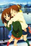  2girls absurdres bag blush brown_eyes brown_hair closed_eyes hair_ornament hairclip highres hirasawa_ui hirasawa_yui horiguchi_yukiko hug hug_from_behind k-on! kneehighs multiple_girls official_art open_mouth ponytail shoes short_hair shorts siblings sisters skirt socks winter_clothes 