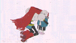 2024 2boys 2d armor black_shorts blue_jacket blue_shorts boots brothers cape closed_eyes digital_media duo glitch gloves grey_hood headless height_difference hood hood_down hooded_jacket hug humanoid jacket kneeling male male_focus male_only monster monster_boy multiple_boys open_clothes open_jacket papyrus_(undertale) pink_background pink_slippers red_boots red_cape red_gloves sans_(undertale) shirt shorts siblings simple_background single_vertical_stripe skeleton slippers socks striped_shorts teeth undead undertale unyomoke utdr_(toby_fox) variant_set vertical-striped_clothes vertical-striped_shorts white_armor white_shirt white_socks white_stripes