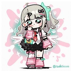  ... 1girl alternate_hair_color autis_tic bandaid bandaid_hair_ornament black_sclera black_skirt blush bow bright_pupils chibi chibi_only chinatsu_remiel colored_sclera commentary_request earrings flower_in_eye full_body fur-trimmed_skirt fur_trim green_bow green_eyes grey_hair hair_ornament halo hand_on_own_cheek hand_on_own_face head_tilt jewelry leg_warmers long_hair motion_lines multiple_hair_clips multiple_thigh_straps musical_note musical_note_earrings necktie open_mouth pink_arm_warmers pink_bag pink_halo pink_leg_warmers polka_dot_necktie print_necktie red_necktie ring_hair_ornament shirt skirt solo speech_bubble splatter_background squiggle striped_arm_warmers striped_leg_warmers symbol_in_eye tamagotchi_(virtual_pet) thick_eyebrows twitter_username virtual_pet_(toy) white_background white_pupils white_shirt white_wings winged_bag wings zenless_zone_zero 