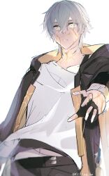  1boy artist_name black_coat black_gloves black_pants broken_skin caelus_(honkai:_star_rail) coat commentary_request empty_eyes fingerless_gloves fingernails gloves grey_hair hair_between_eyes hand_up highres honkai:_star_rail honkai_(series) hood hooded_coat lapels leg07 long_sleeves looking_at_viewer male_focus open_clothes open_coat pants pocket_watch shirt short_hair simple_background solo standing t-shirt teeth trailblazer_(honkai:_star_rail) two-sided_coat two-sided_fabric watch white_background white_shirt wide-eyed yellow_coat yellow_eyes 