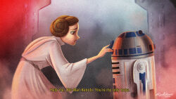  1girl astromech_droid brown_eyes brown_hair double_bun dress english_text from_side hair_bun highres princess_leia r2-d2 rafael_andrade robot signature star_wars star_wars:_a_new_hope subtitled white_dress 
