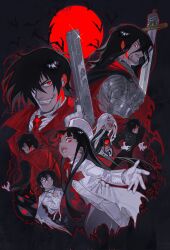  1girl alucard_(hellsing) armor beard black_armor black_eyeliner black_hair blood blunt_bangs breasts cape casull_(hellsing) coat drum_magazine evil_grin evil_smile extra_eyes eye_color_connection eyeliner facial_hair field_of_blades frown full_armor fur_hat genderswap genderswap_(mtf) girlycard glasses gloves goatee grin gun hat hellsing hellsing:_the_dawn highres holding holding_weapon jackal_(hellsing) kyler long_hair looking_at_viewer loose_bandages magazine_(weapon) makeup medium_hair multiple_boys multiple_persona necktie pentagram red_eyes smile solo suit sword too_many_eyes torn_cape torn_clothes vampire very_long_hair vlad_tepes_(hellsing) weapon white_gloves white_suit 