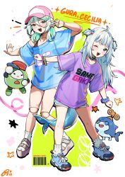  2girls absurdres alternate_costume black_shorts bloop_(gawr_gura) blue_hair blue_shirt blue_shoes cecilia_immergreen doll_joints fins fish_tail gawr_gura green_hair highres hololive hololive_english joints looking_at_viewer multicolored_hair multiple_girls one_eye_closed open_mouth otomo_(cecilia_immergreen) pink_shirt pink_shoes shark_girl shark_tail shirt shoes short_hair shorts smile socks streaked_hair tail tenchi_mayo two_side_up virtual_youtuber white_hair white_shorts white_socks 