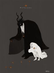  1boy 1girl black_background black_cloak black_fur body_fur candy child cloak food furry furry_male ghost_costume halloween halloween_costume horns leaning_forward nagabe sensei_(totsukuni_no_shoujo) shiva_(totsukuni_no_shoujo) simple_background totsukuni_no_shoujo white_eyes 