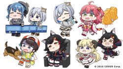  1other 6+girls :d ahoge amane_kanata amane_kanata_(1st_costume) animal animal_ear_fluff animal_ears asymmetrical_legwear barefoot baseball_bat baseball_cap beret biting black_hair black_serafuku black_shirt black_shoes black_skirt blue_bow blue_hair blush_stickers bow brown_eyes chibi closed_eyes commentary_request detached_sleeves dog dress feathered_wings floral_print fur-trimmed_dress fur_trim green_eyes grey_hair grey_hat grey_jacket hair_ornament hairclip hat holding holding_baseball_bat hololive hoshimachi_suisei hoshimachi_suisei_(1st_costume) jacket long_sleeves megaphone metal_baseball_bat mismatched_legwear mochimiko multicolored_hair multiple_girls official_art one_side_up ookami_mio ookami_mio_(1st_costume) oozora_subaru oozora_subaru_(1st_costume) pink_hair pink_skirt plaid_clothes plaid_hat plaid_jacket plaid_socks pleated_skirt print_skirt purple_sandals red_hair red_socks ribbed_socks ribbon-trimmed_thighhighs ribbon_trim running sailor_collar sakura_miko sakura_miko_(1st_costume) sandals school_uniform serafuku shirt shoes short_sleeves side_ponytail sideways_hat simple_background single_sock single_thighhigh skirt smile socks stopwatch stopwatch_around_neck streaked_hair striped_clothes striped_shirt sweat tail thigh-highs tsunomaki_watame tsunomaki_watame_(1st_costume) turn_pale two-tone_hair v-shaped_eyebrows vertical-striped_clothes vertical-striped_shirt virtual_youtuber wavy_mouth white_background white_dress white_sailor_collar white_shoes white_sleeves white_socks white_thighhighs white_wings wide_sleeves wings wolf_ears wolf_girl wolf_tail x_hair_ornament zouri 