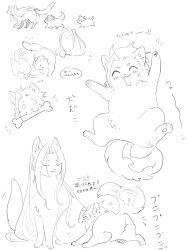  :3 animal_focus animalization bone cat closed_eyes cloud_strife commentary_request crisis_core_final_fantasy_vii cross_scar dog fang final_fantasy final_fantasy_vii full_body happy hattouissenbaka highres holding holding_bone long_hair looking_at_another lying monochrome mouth_hold no_humans on_back open_mouth pomeranian_(dog) scar scar_on_cheek scar_on_face sephiroth sitting sketch smile spiky_hair translation_request very_long_hair walking zack_fair 