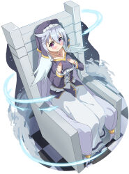 1girl absurdres blush checkered_floor closed_mouth collarbone eris_(konosuba) full_body grey_hair hair_between_eyes hands_on_own_chest hat highres jewelry kono_subarashii_sekai_ni_shukufuku_wo! long_hair long_skirt long_sleeves looking_at_viewer necklace nun onabe915 pout purple_hat purple_skirt simple_background sitting skirt solo tearing_up throne v-shaped_eyebrows violet_eyes wavy_mouth white_background white_skirt 