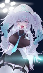  1girl :p absurdres between_breasts black_skirt blue_eyes blue_gloves blue_necktie blush breasts eonsang florence_(girls&#039;_frontline_2) from_below girls&#039;_frontline_2:_exilium girls_frontline gloves half-closed_eyes hands_up hat highres hip_focus id_card jacket long_hair looking_at_viewer looking_down medium_breasts miniskirt necktie necktie_between_breasts pa-15_(girls&#039;_frontline) pantyhose skirt solo standing thigh_gap thigh_strap thighs tongue tongue_out very_long_hair w_arms white_hair white_hat white_jacket 