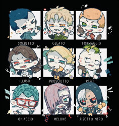  6+boys black_hood black_jacket blindfold blonde_hair blood blue_eyes blue_hair bottle bracelet brown_hair bullet character_name chibi chibi_only cigarette colored_blindfold curtained_hair dna evil_grin evil_smile fang formaggio gelato_(jojo) ghiaccio glass_shard glass_shards glasses gloves green_eyes green_hair grin hair_over_one_eye highres holding holding_bottle holding_paper illuso jacket jewelry jojo_no_kimyou_na_bouken long_hair long_sleeves male_focus melone multicolored_eyes multiple_boys ok_sign open_mouth orange_eyes orange_hair paper pesci pill pill_bottle prosciutto_(jojo) purple_gloves purple_hair quad_tails red-framed_eyewear red_eyes red_jacket risotto_nero scissors shaded_face sharp_teeth shinoru_all short_hair short_sleeves skull smile smoke smoking sorbet_(jojo) sweat teeth two-tone_eyes upper_body vento_aureo very_short_hair white_hair 