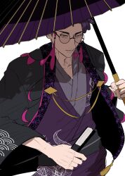  black_haori corbeau_(pokemon) eyewear_strap folding_fan glasses hand_fan haori highres holding holding_fan holding_umbrella japanese_clothes kimono looking_up oil-paper_umbrella pokemon pokemon_legends:_z-a purple_hair purple_kimono round_eyewear sash short_hair sinm_i umbrella white_background yellow_eyes yukata 
