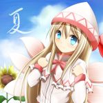  1girl blonde_hair blue_eyes bow clouds dress flower hat kuroganeruto lily_white long_hair sky solo sunflower touhou wings 