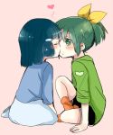  2girls aoki_reika blue_hair blush closed_eyes couple green_hair gumichoco heart incipient_kiss midorikawa_nao multiple_girls pink_background ponytail precure short_hair simple_background sitting smile_precure! young yuri 