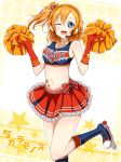  1girl boots brown_eyes brown_hair cheerleader cross-laced_footwear elbow_gloves gloves headset karamoneeze kousaka_honoka looking_at_viewer love_live!_school_idol_project midriff open_mouth red_gloves revision roller_skates shirt side_ponytail skates smile solo star tattoo tubetop wink 