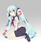  1girl aqua_hair blue_eyes bottle_miku dasulchan fish hair_ribbon hatsune_miku liquid_hair long_hair ribbon school_uniform seiza serafuku sitting skirt socks solo tears twintails very_long_hair vocaloid 