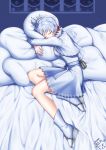  1girl absurdres bed_sheet closed_eyes dress hair_ornament highres logo long_hair pillow ponytail ribbon rwby scar signature sleeping snowflakes solo tagme weiss_schnee white_hair zerg309 
