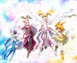  4girls alternate_legwear angel_wings aono_miki blonde_hair boots copyright_name cure_angel cure_berry cure_passion cure_peach cure_pine engrish fresh_precure! higashi_setsuna kurochiroko long_hair momozono_love multiple_girls orange_hair pink_hair precure purple_hair ranguage short_hair side_ponytail thigh-highs twintails wings yamabuki_inori 