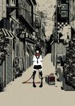  1girl absurdres alley bandages bird black_eyes black_hair bouno_satoshi copyright_request highres scarf school_uniform solo spot_color standing thigh-highs torn_thighhighs 